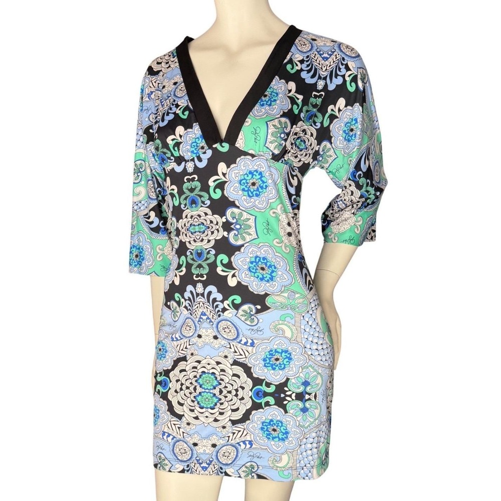 Vintage Y2K Baby Phat Dress Paisley Mandala Plunging V-Neck Kimono Sleeve XS